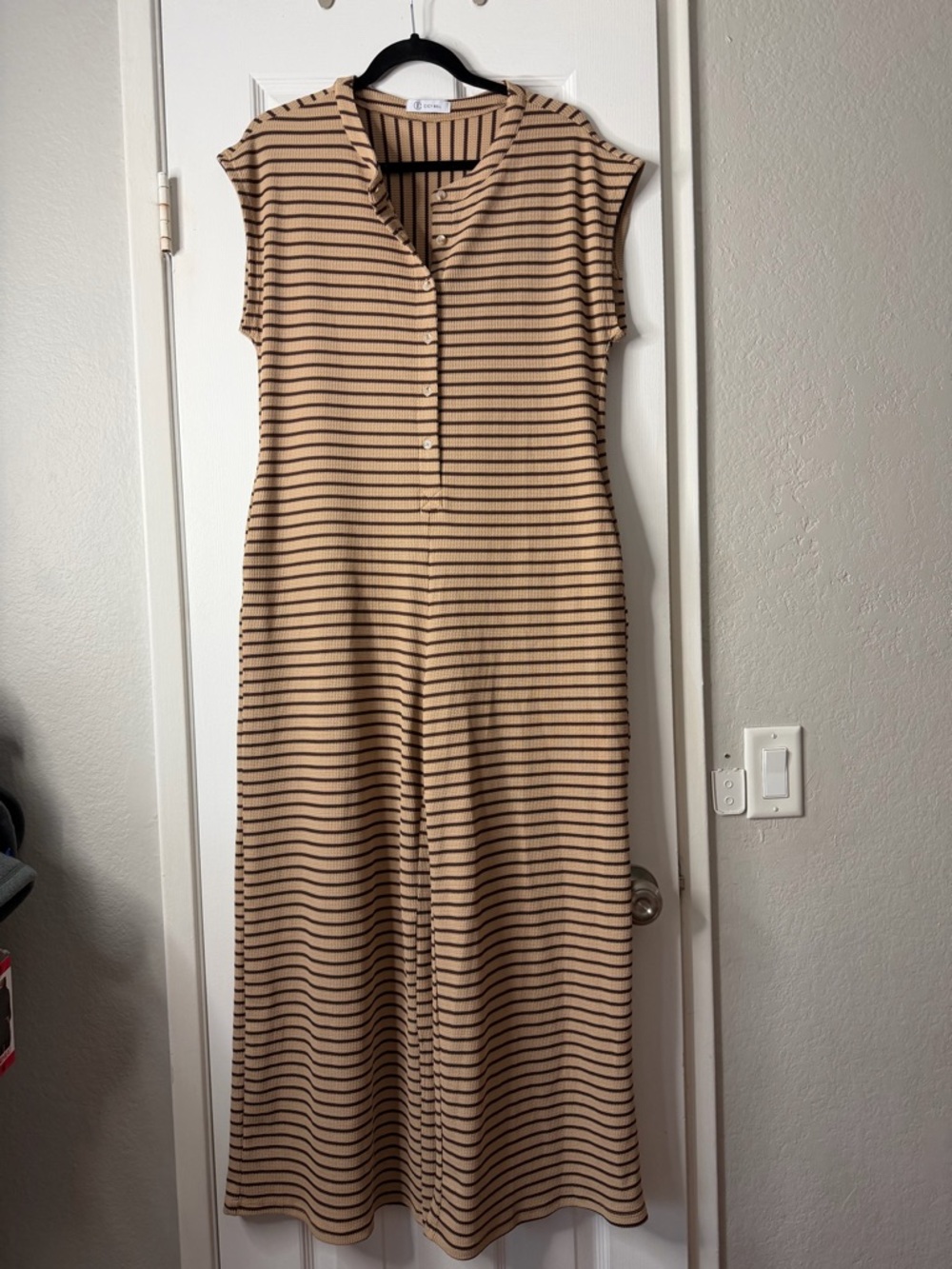 NWT Striped Sleeveless Henley Jumpsuit in Beige and Black